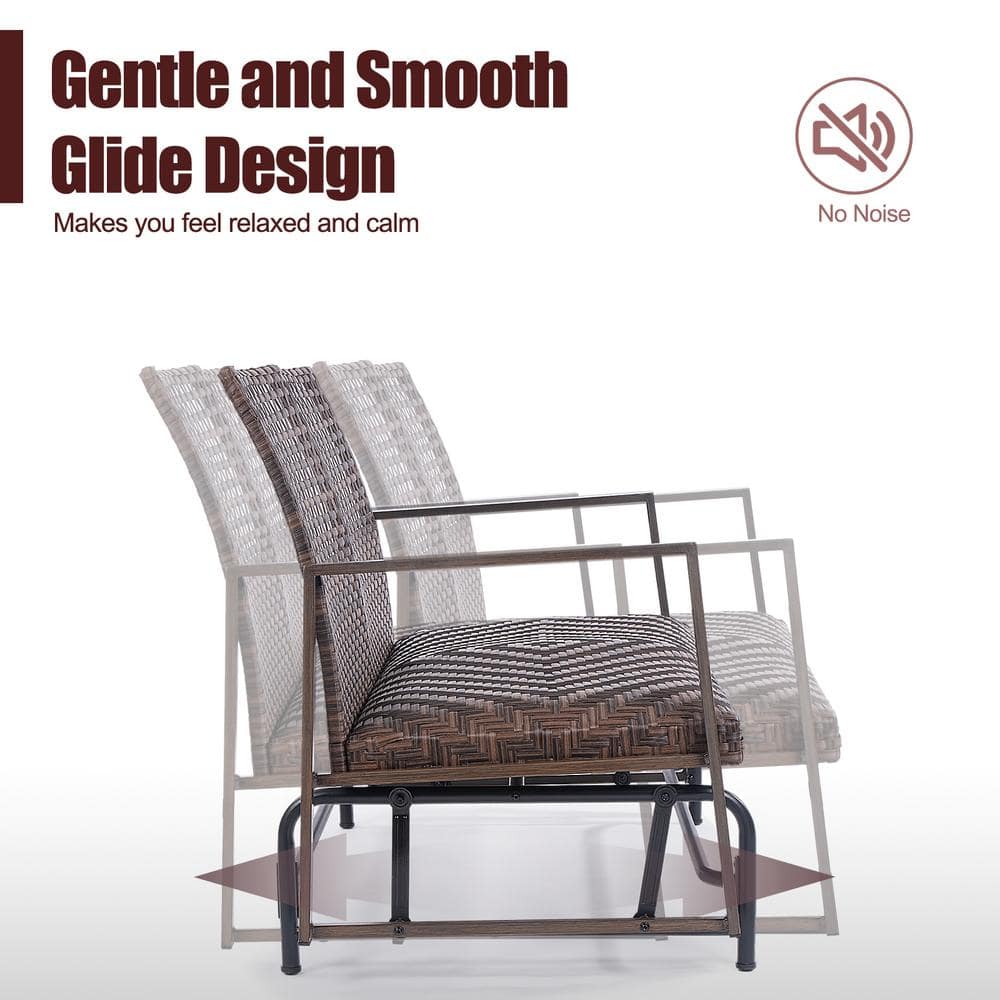 Brown Wicker 2-Person Outdoor Glider with Powder-Coated Frame