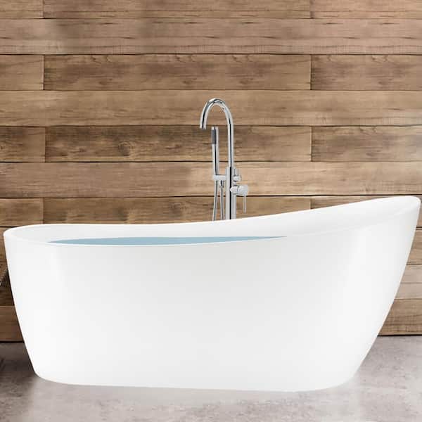 Freestanding 59.1 in. Fiberglass Flatbottom Modern Stand Alone Non-Whirlpool Bathtub in Glossy White