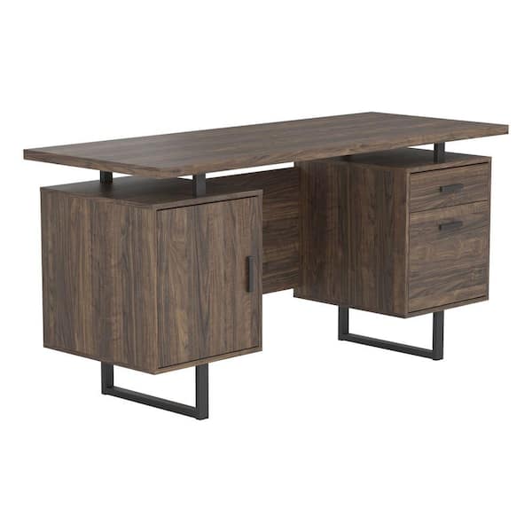 Benjara 60 in. Rectangular Brown Wood 3 Drawer Office Writing Desk with Floating Top and File Cabinet