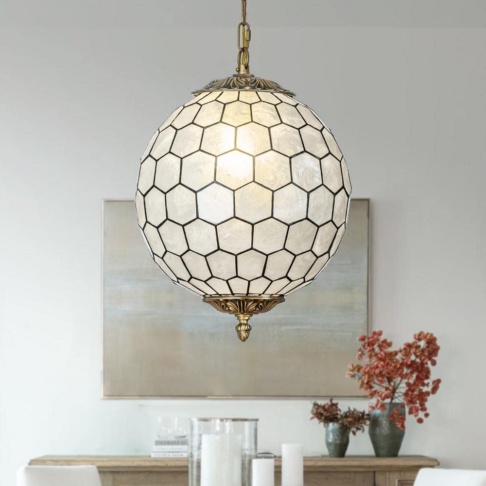 1-Light 12 in. Vintage Mid Century Natural Capiz Shell Chandelier Antique B