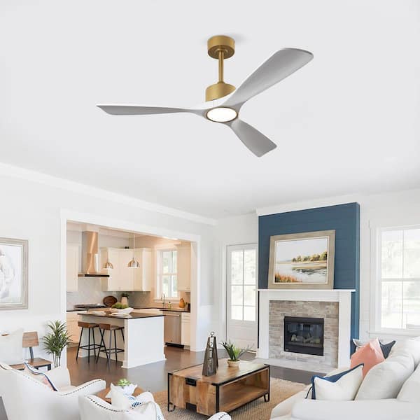 52 in. Gold 3 Solid Wood Blades Downrod Standard Ceiling Fan With LED Light and Remote Included for Living Room