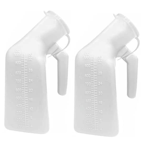 Waterless Urinal in White, Thick Firm Male Urine Bottle with Lid, 32oz/1000mL Capacity, Pack of 2