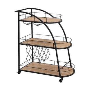 Black 3-Tier Metal and Wood Rolling Bar Cart or Serving Cart with Glass Top