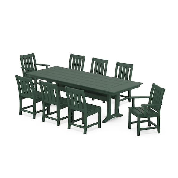 POLYWOOD Oxford 9-Piece Farmhouse Trestle Plastic Rectangular Outdoor Dining Set in Green