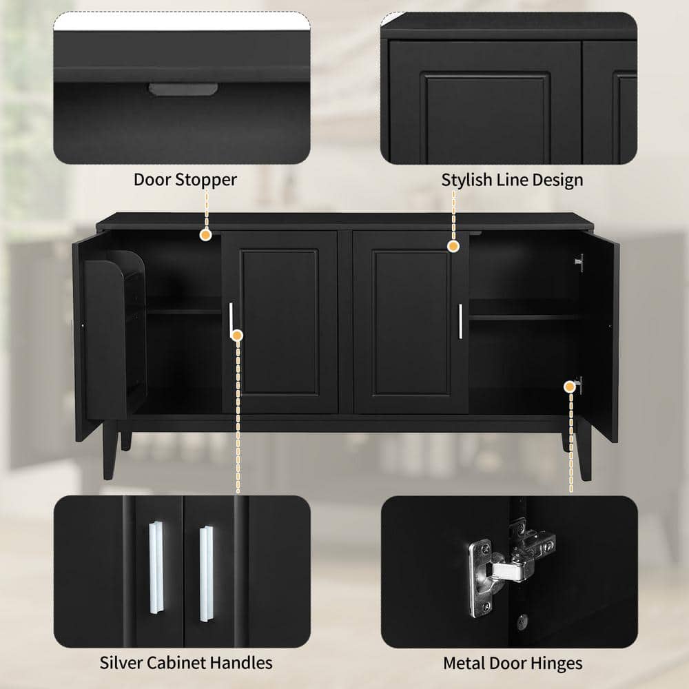 Black Rubberwood and MDF 60" Modern Sideboard with Adjustable Shelves