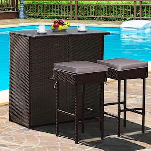 Patio 3PCS Rattan Bar Table Stool Set Cushioned Chairs with Gray and Off white Cover