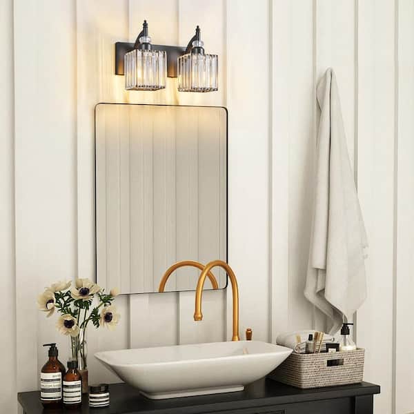 Home Lighting 12.59 in. 2-Light Sand Black Crystal Bathroom Light Fixtures Over Mirror Modern Vanity Light (JW-655)