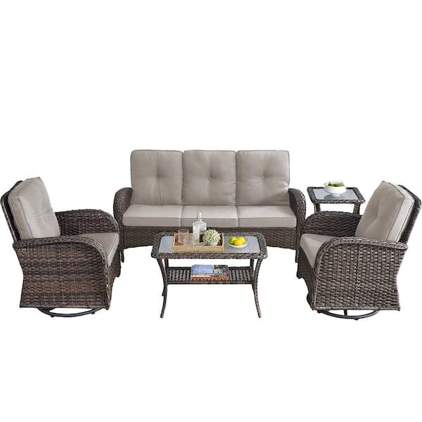 Brown 5-Piece Wicker Patio Conversation Set with Swivel Rockers, Outdoor Sofa Seating Set with Beige Cushions