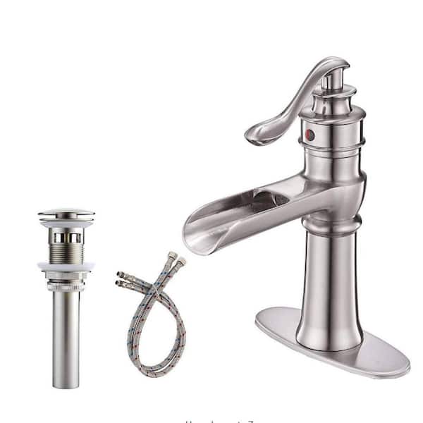 Fapully Single Handle Single Hole Bathroom Faucet with Deck plate and Pop Up Drain Included and Spot Resistant in Brushed Nickel