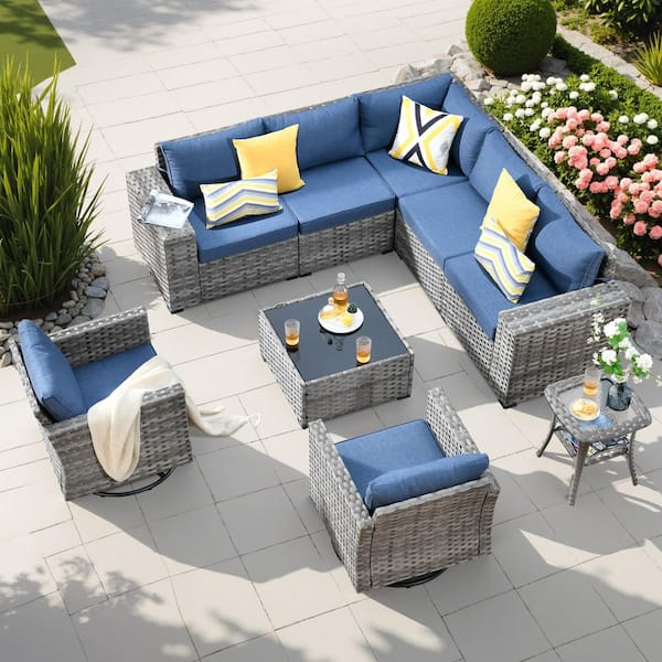 HOOOWOOO Crater Grey 9-Piece Wicker Wide-Plus Arm Patio Conversation Sofa Set with Swivel Rocking Chairs and Denim Blue Cushions