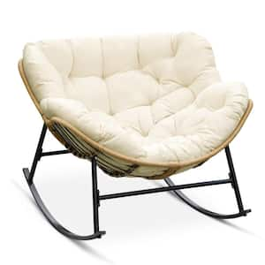 Oversized Beige PE Wicker Outdoor Rocking Chair Papasan Chair with Beige Cushion