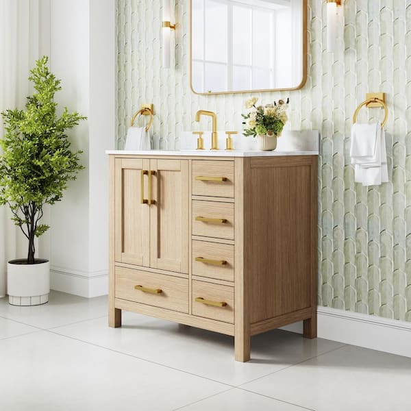 36 in. Freestanding Oak Solid Wood Bath Vanity with Durable Carrara White Cultured Marble Top, Soft-Close, Assembled