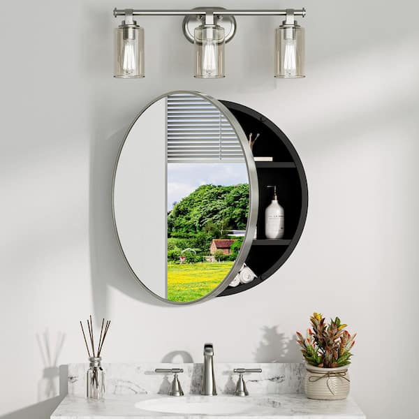 24 in. W x 24 in. H Round Brushed Nickel Metal Framed Surface Mount Medicine Cabinet with Mirror