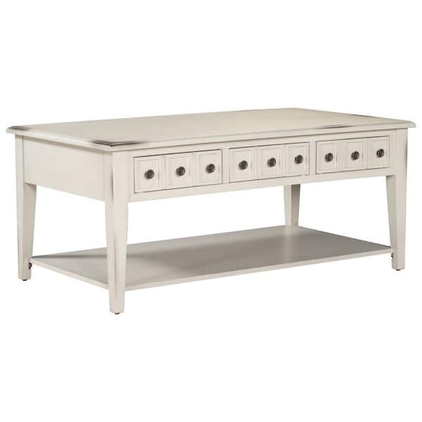 Huluwat 47 in. Antique White Rectangle Rubber Wood Coffee Table with 3-Drawers for Living Room