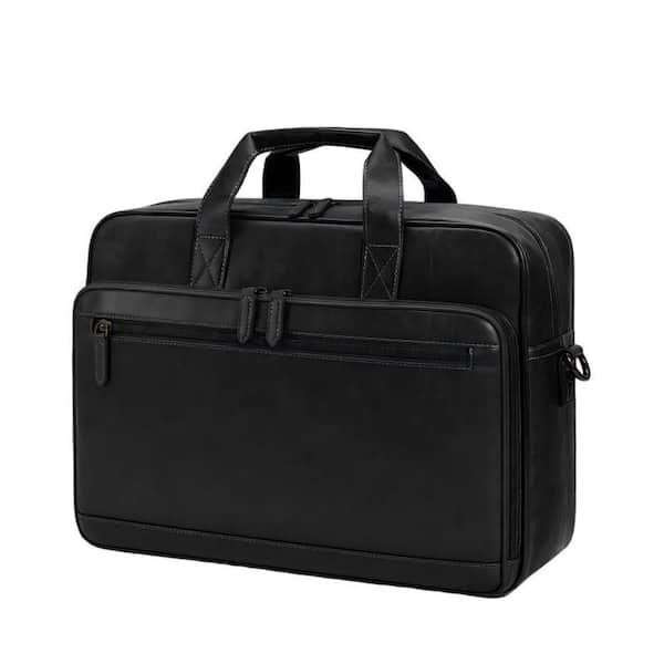 Vintage Black PU Leather Laptop Briefcase, Waterproof, Convertible Shoulder Bag with 16 in. Laptop Compartment