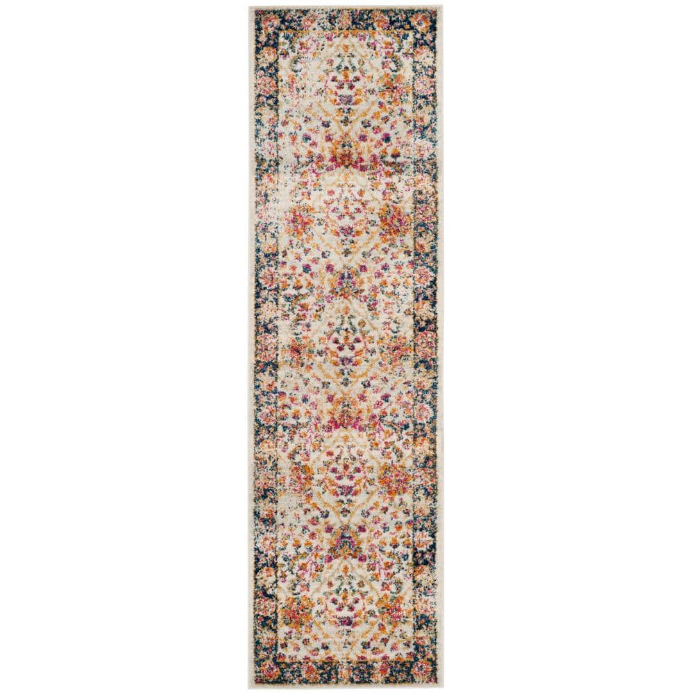 Cream and Navy Floral Motif Runner Rug