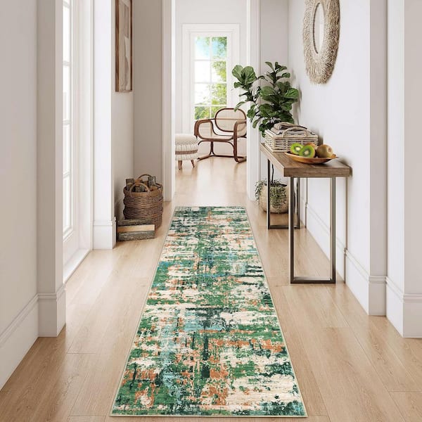 Modern Abstract Low Pile Soft Thin Carpet Washable for Bedroom Living Room Laundry Office Green, 2 ft. x 6 ft. Area Rug