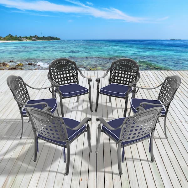 Unbranded Black Cast Aluminum Outdoor Dining Chairs, Patio All-weather Armchairs with Blue Cushions for Garden Balcony (6-Pack)