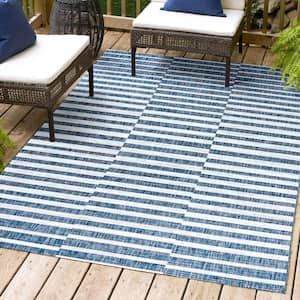 Sukie Modern Blue/Ivory 8 ft. x 10 ft. Offset Stripe Indoor/Outdoor Area Rug