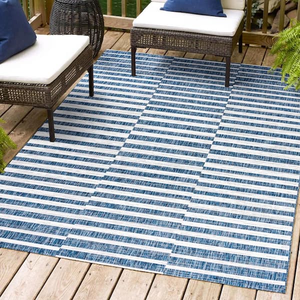 JONATHAN Y Sukie Modern Blue/Ivory 8 ft. x 10 ft. Offset Stripe Indoor/Outdoor Area Rug
