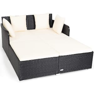 Black 1-Piece Metal Wicker Outdoor Day Bed with White Cushions
