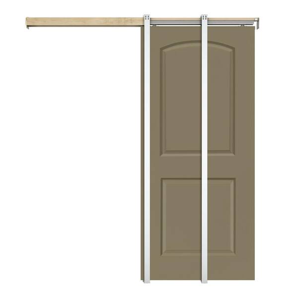 CALHOME 30 in. x 80 in. Olive Green Painted Composite MDF 2Panel Round Top Sliding Door with Pocket Door Frame and Hardware Kit