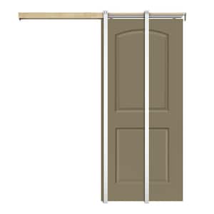 30 in. x 80 in. Olive Green Painted Composite MDF 2Panel Round Top Sliding Door with Pocket Door Frame and Hardware Kit