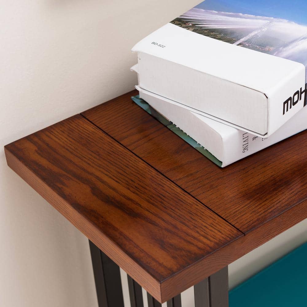Mission Oak and Black Metal Console Table with Storage