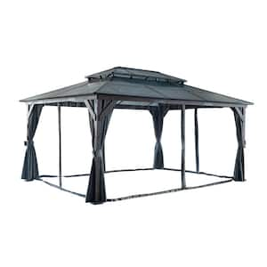 10 ft. x 13 ft. Black Metal Hardtop Gazebo with Double Roof Pergola, Netting and Curtain