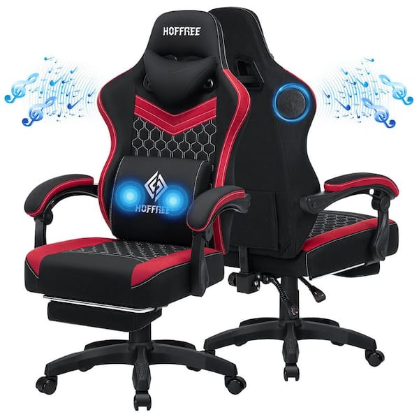 Hoffree Fabric Reclining Ergonomic Gaming Chair in Red/Black with Bluetooth Speakers and Vibration Lumbar Pillow
