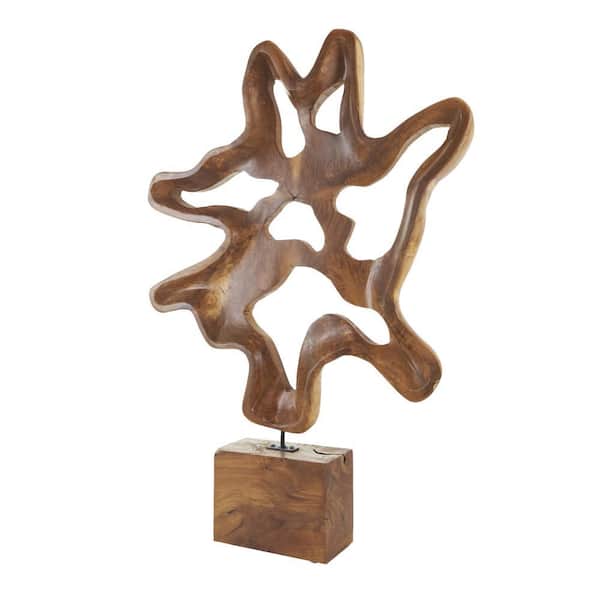 Litton Lane Brown Teak Wood Cutout Abstract Sculpture with Block Base