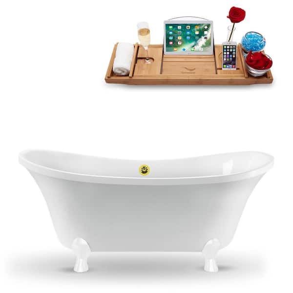 Streamline 60 in. Acrylic Clawfoot Non-Whirlpool Bathtub in Glossy White With Glossy White Clawfeet And Polished Gold Drain