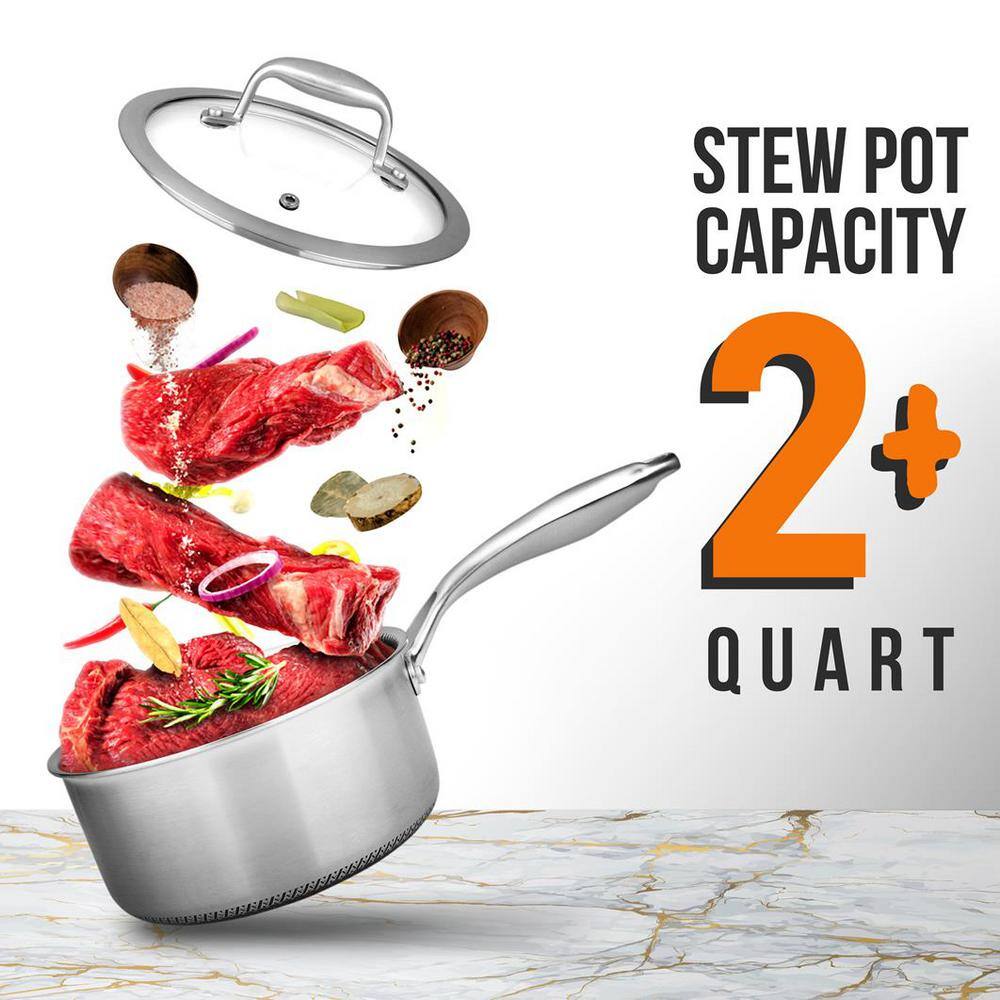 NutriChef 2 QT Stainless Steel Non-Stick Sauce Pot with Glass Lid