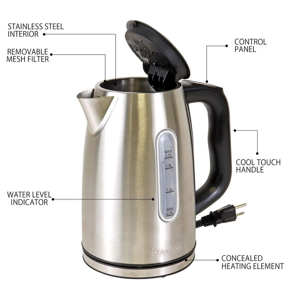 Kenmore 1.7L Stainless Steel Cordless Electric Kettle with Digital Controls