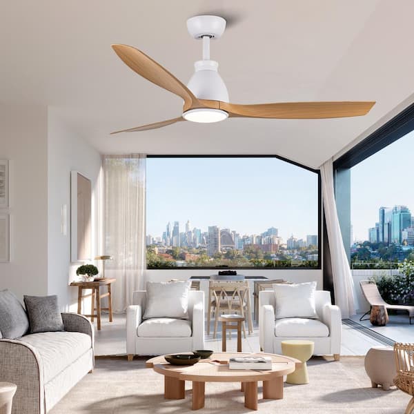 52 in. Indoor White Modern LED Ceiling Fan with Remote Control and  3-Antique Brown Wood Graiin Blade
