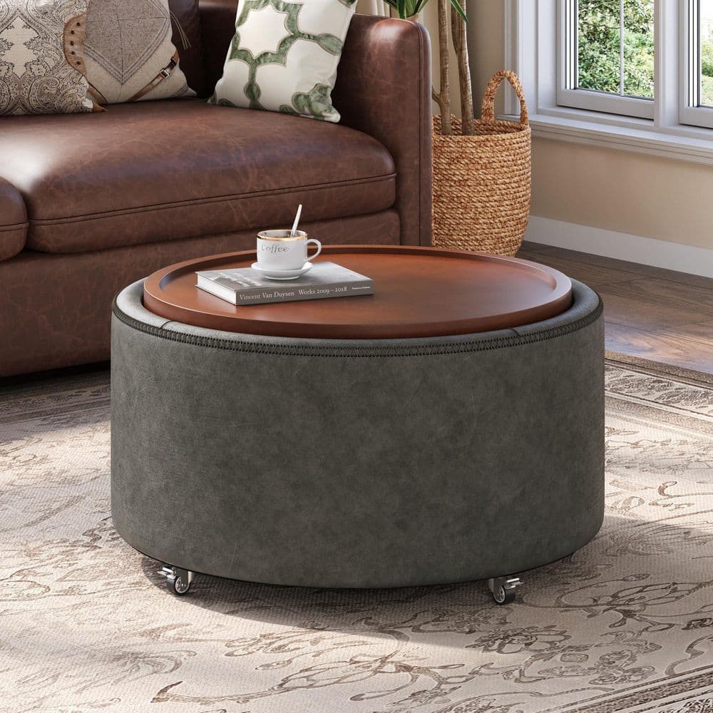 Stonegate Modern Grey PU Faux Leather Upholstered Round Accent Storage Ottoman with Wheels and Removable Wooden Lid
