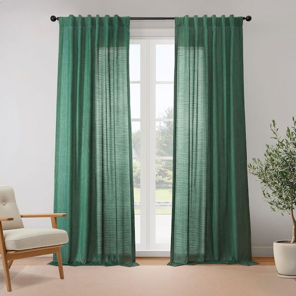 Dark Green Rustic Linen Weave 50 in. W x 96 in. L Rod Pocket Light Filtering Curtain Pair (Set of 2)