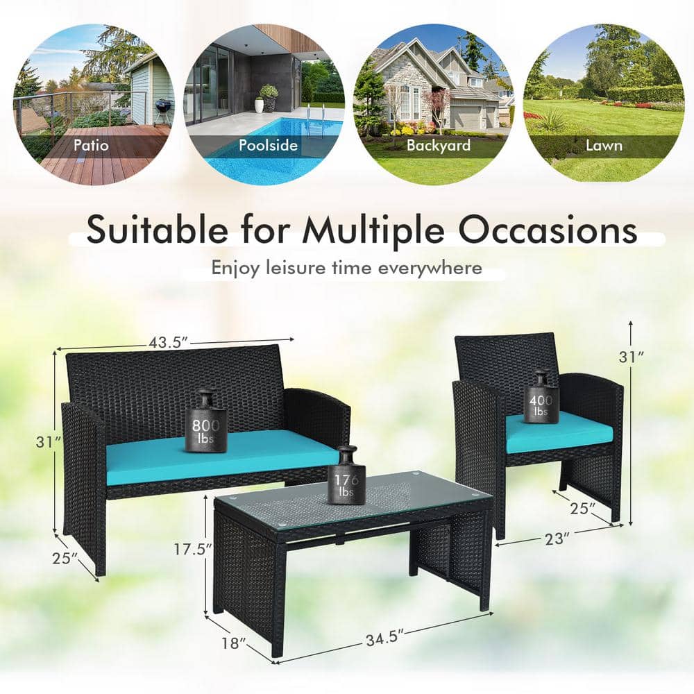 Turquoise Cushioned Black Wicker 4-Piece Patio Conversation Set