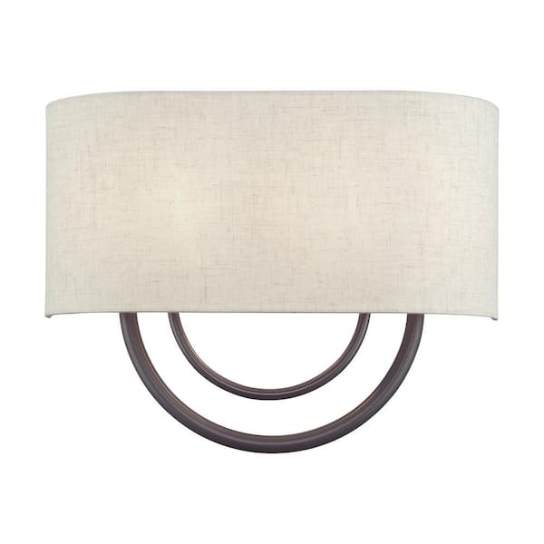 Livex Lighting Stratton 15 in. 2-Light English Bronze ADA Wall Sconce with Oatmeal Fabric Shade