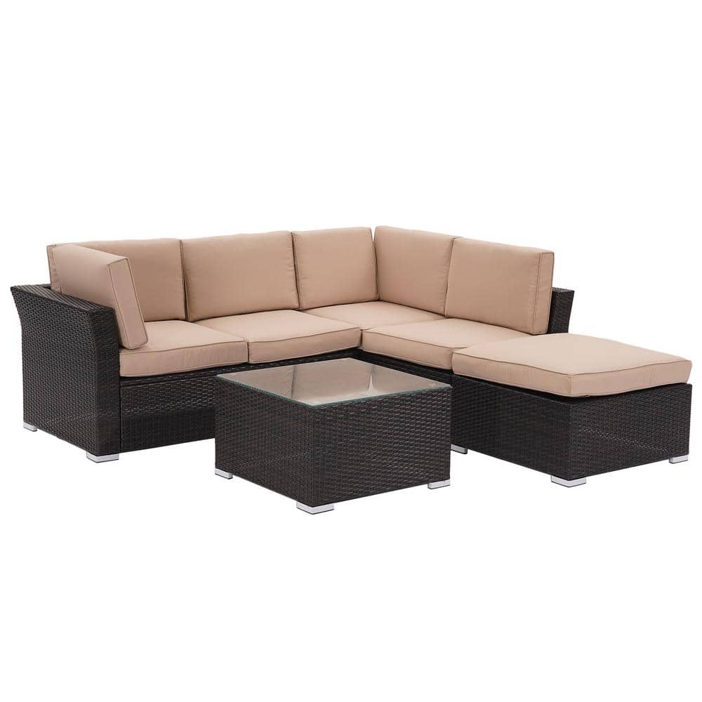 Brown 4 Pieces Wicker Outdoor Patio Conversation Set with Beige Cushions fo