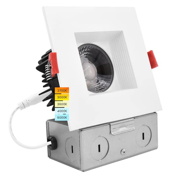 4 in. Square LED Recessed Light J-Box 15-Watt 5 Color Selectable 1100 Lumens Dimmable Wet Rated Baffle Trim