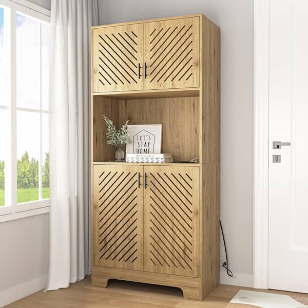 4-Shelf Brown Wood Kitchen Pantry Organizer Cupboard Kitchen Island Bar Cabinet with Adjustable Shelves, Sockets