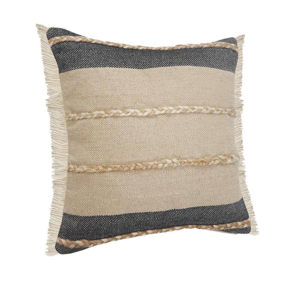 Atlantis Black and Taupe Jute Braided Square Throw Pillow