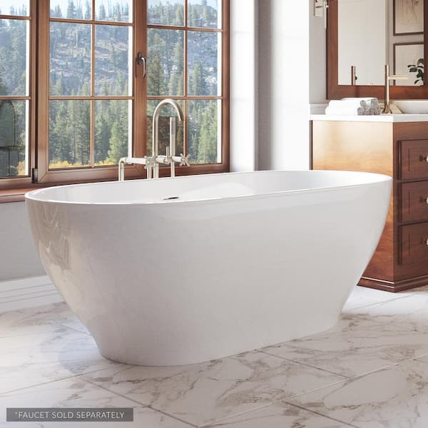 PELHAM & WHITE W-I-D-E Series Palisades 67 in. Acrylic Oval Freestanding Bathtub in White, Drain in White