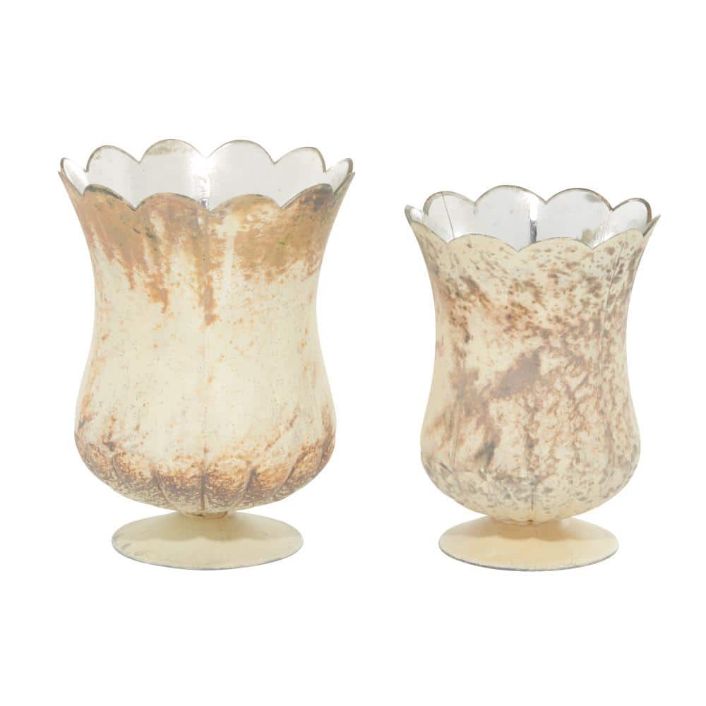 Rustic Brown Scalloped Glass Hurricane Table Vase Set