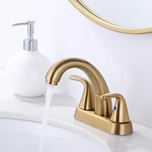 Modern 4 in. Centerset Double-Handle High Arc Bathroom Faucet with Lift Rod Drain Included in Brushed Gold