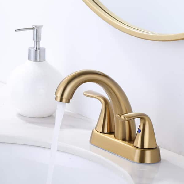 4 in. Centerset Double Handle High Arc Bathroom Faucet with Drain Kit, 2-Aerators and Supply Lines in Gold