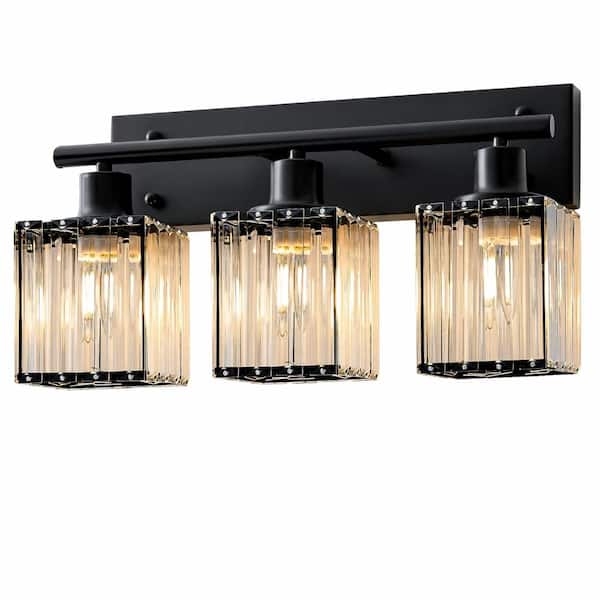 3-Light Matte Black Crystal Vanity Light with Adjustable Clear Crystal Shades and 3 Included E26 Bulbs