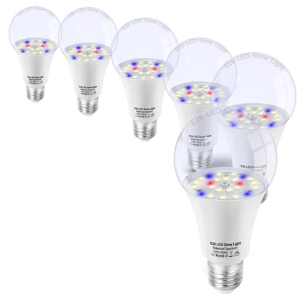 BIBIVIS 10W E26 A19 Grow LED Incandescent Lamp Bulb with Balanced Spectrum 5000K Red Blue for Plants Full Spectrum (6-Pack)