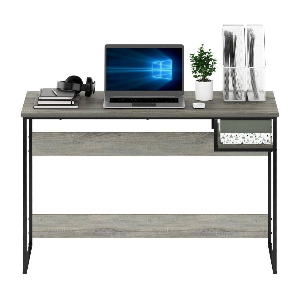 Modern French Oak Grey Study Desk with Metal Frame and Shelf
